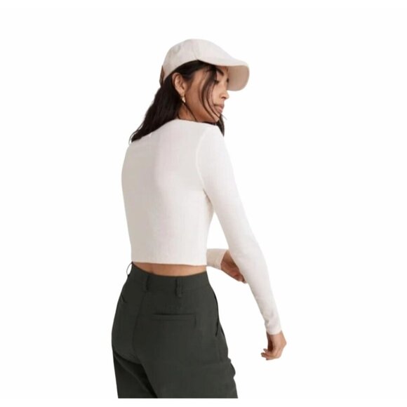 Madewell Fine Ribbed Supercrop Crewneck Ivory Long-Sleeve Tee Size Medium - Picture 2 of 10